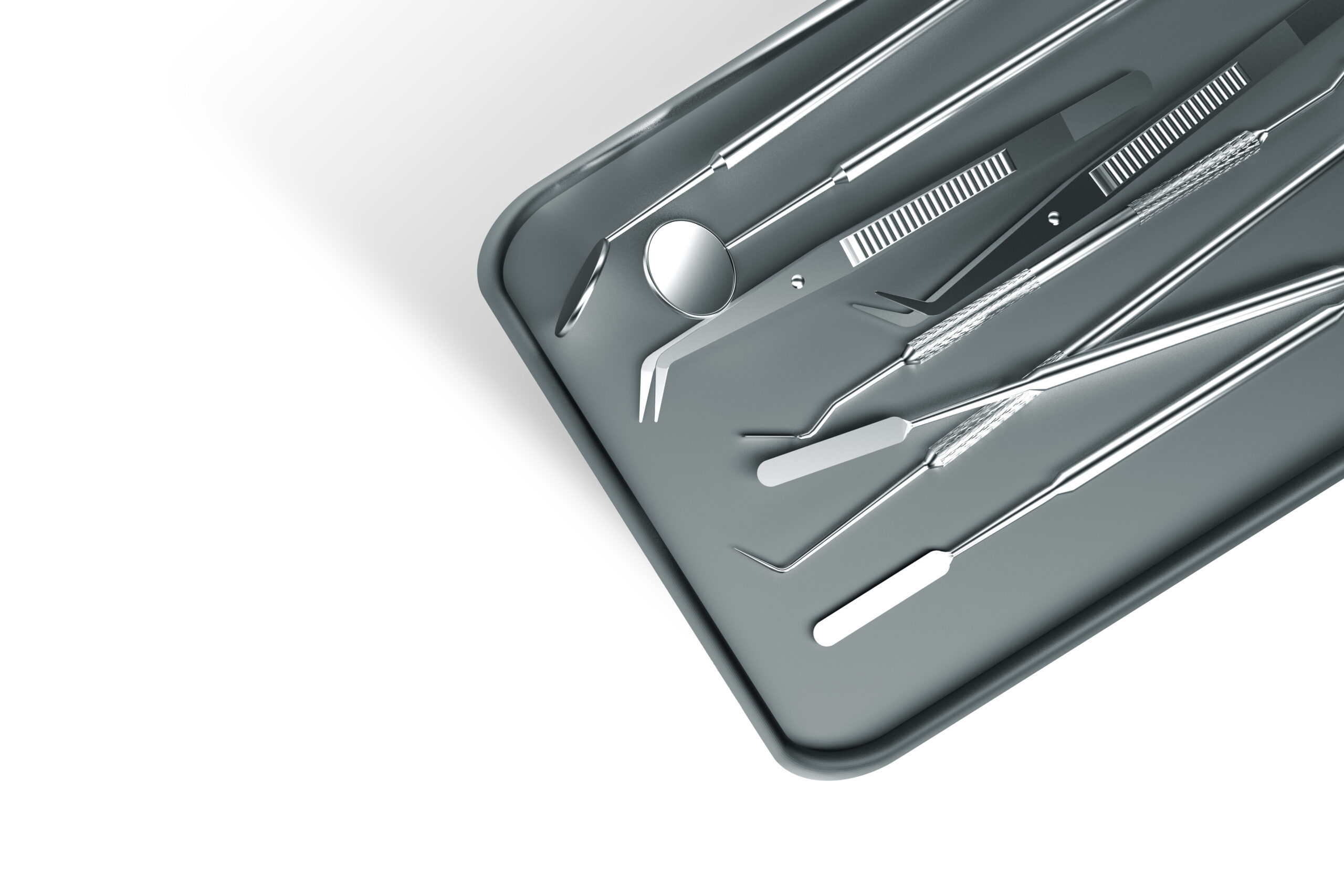 3D rendering of dental instruments on a tray. Top  view